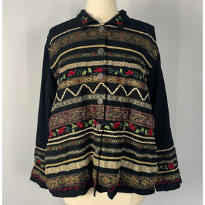 Casual Top Plus Size 2X Black Embroidered Ribbon Long Sleeve Boho Indie Whimsy